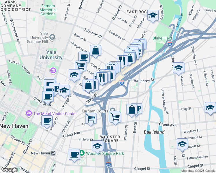 map of restaurants, bars, coffee shops, grocery stores, and more near 843 State Street in New Haven