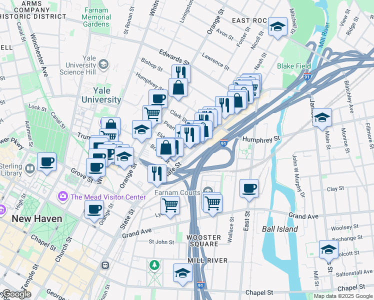 map of restaurants, bars, coffee shops, grocery stores, and more near 20 Pearl Street in New Haven