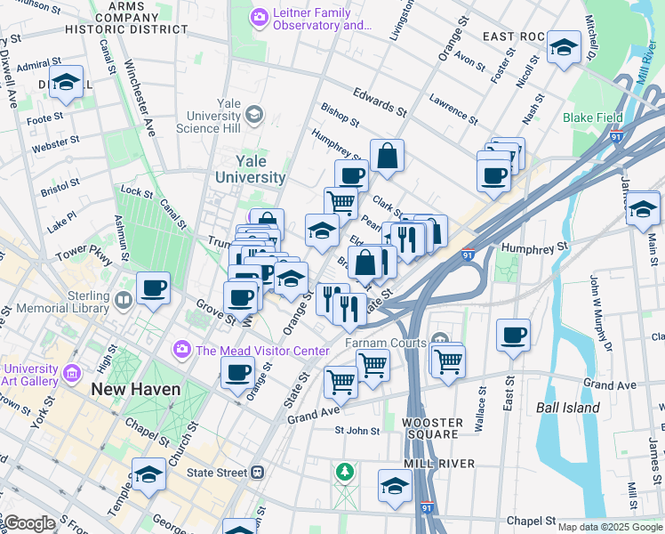 map of restaurants, bars, coffee shops, grocery stores, and more near 189 Bradley Street in New Haven