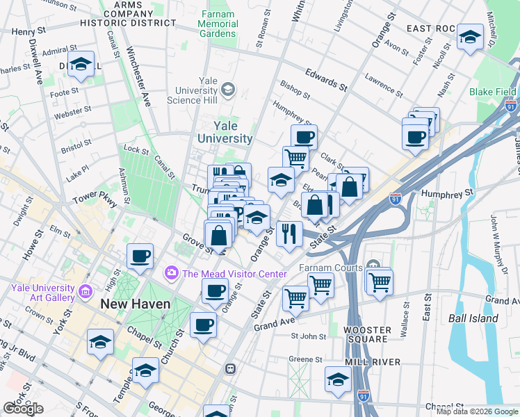 map of restaurants, bars, coffee shops, grocery stores, and more near in New Haven