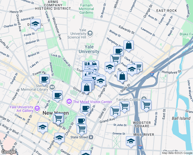 map of restaurants, bars, coffee shops, grocery stores, and more near 63 Trumbull Street in New Haven