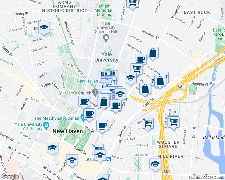 map of restaurants, bars, coffee shops, grocery stores, and more near 63 Trumbull Street in New Haven