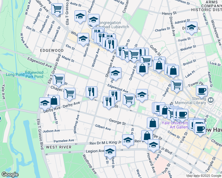 map of restaurants, bars, coffee shops, grocery stores, and more near 209 Sherman Avenue in New Haven