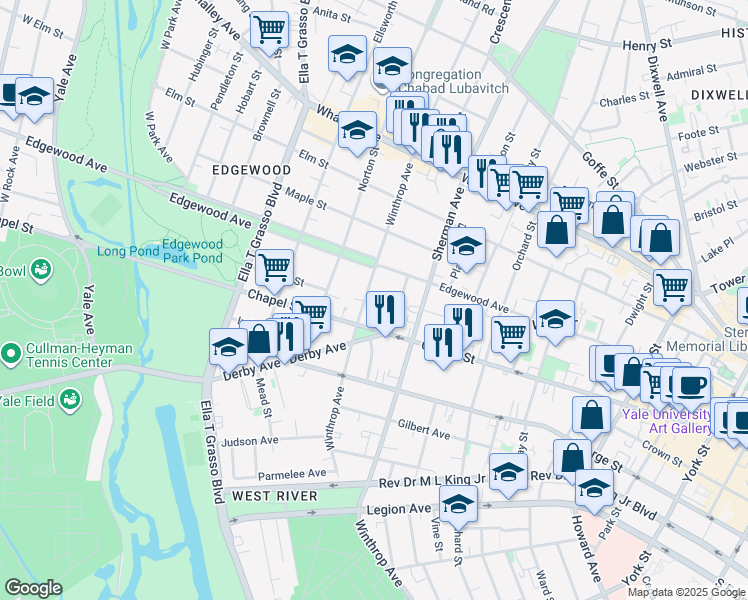 map of restaurants, bars, coffee shops, grocery stores, and more near 322 Winthrop Avenue in New Haven