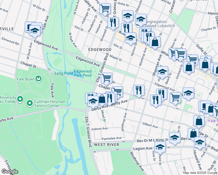 map of restaurants, bars, coffee shops, grocery stores, and more near 30 Stanley Street in New Haven