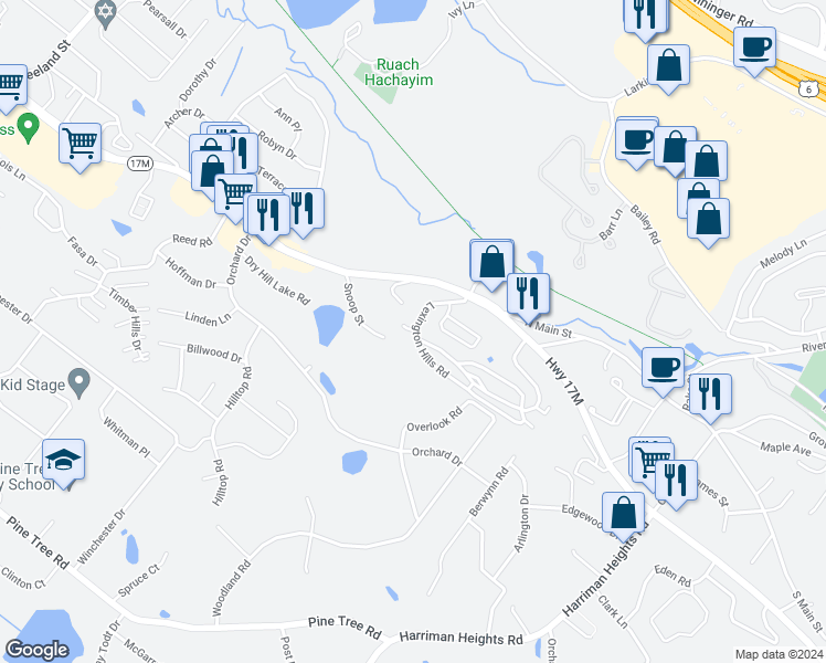 map of restaurants, bars, coffee shops, grocery stores, and more near 5 Lexington Hills Road in Harriman