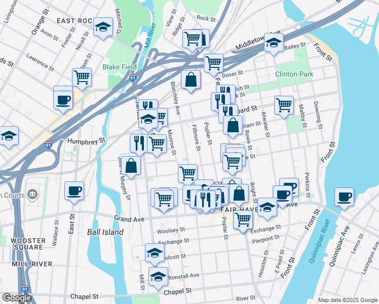map of restaurants, bars, coffee shops, grocery stores, and more near 373 Blatchley Avenue in New Haven