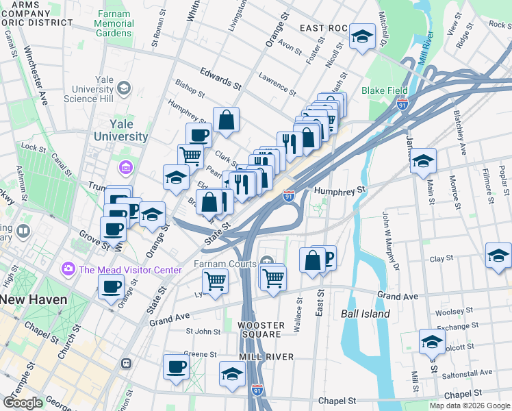 map of restaurants, bars, coffee shops, grocery stores, and more near 843 State Street in New Haven