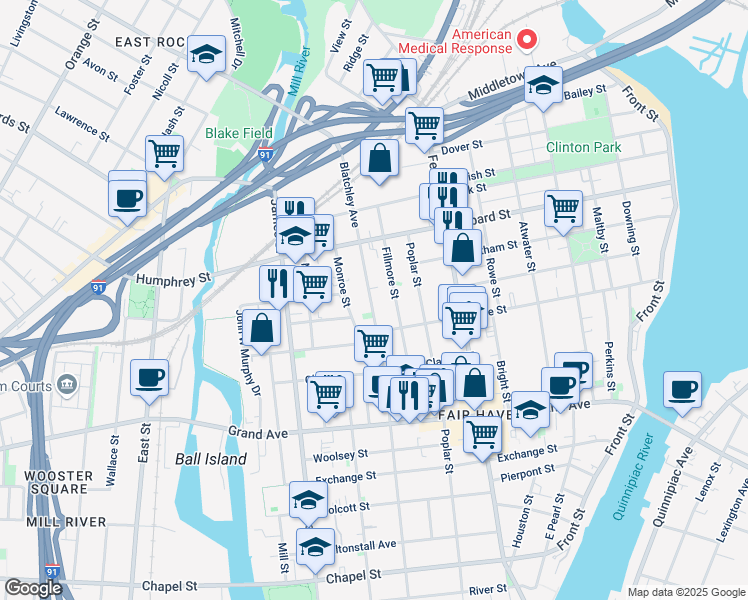 map of restaurants, bars, coffee shops, grocery stores, and more near 375 Blatchley Avenue in New Haven