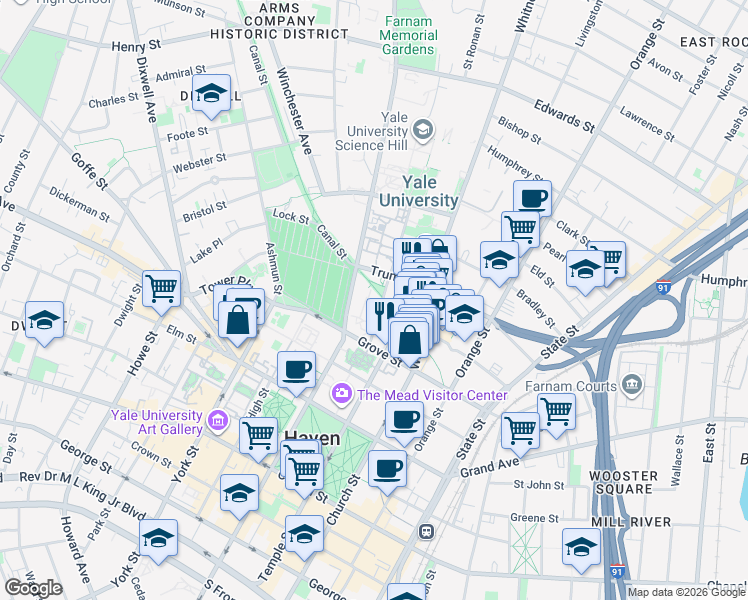 map of restaurants, bars, coffee shops, grocery stores, and more near 12 Hillhouse Avenue in New Haven