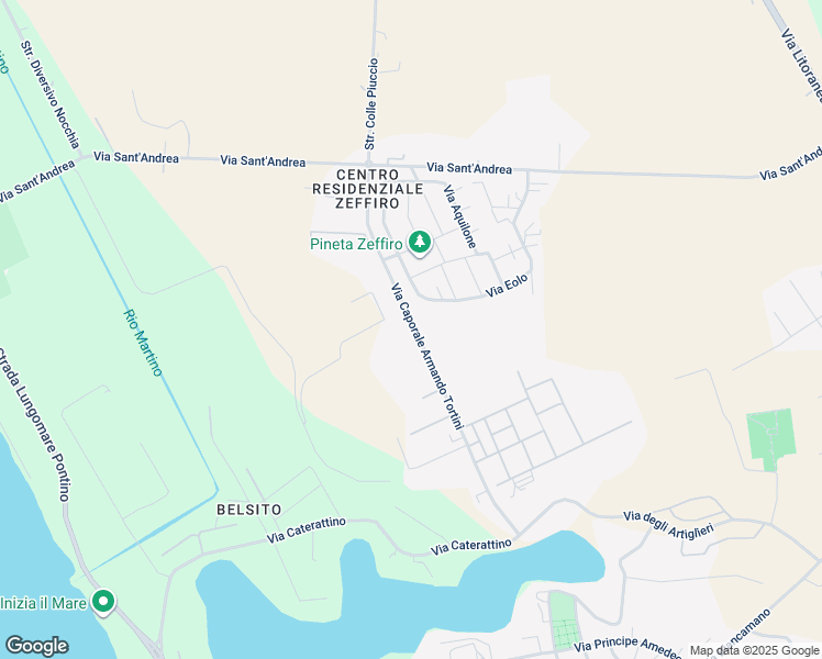 map of restaurants, bars, coffee shops, grocery stores, and more near 47 Via Caporale Armando Tortini in Sabaudia