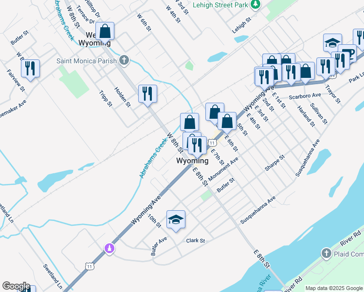 map of restaurants, bars, coffee shops, grocery stores, and more near 55 West 8th Street in Wyoming