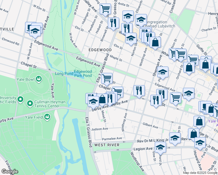 map of restaurants, bars, coffee shops, grocery stores, and more near 30 Stanley Street in New Haven