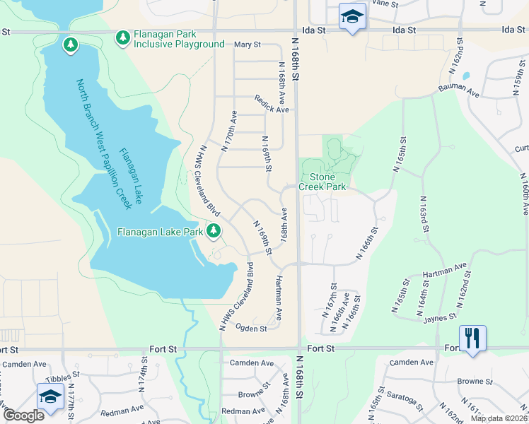 map of restaurants, bars, coffee shops, grocery stores, and more near 5915 North 169th Street in Omaha