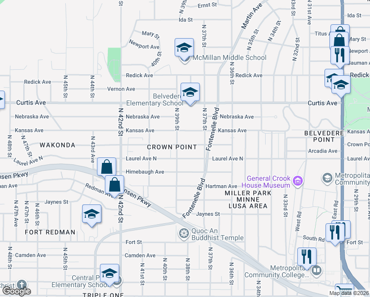 map of restaurants, bars, coffee shops, grocery stores, and more near 3733 Crown Point Avenue in Omaha