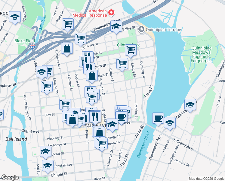 map of restaurants, bars, coffee shops, grocery stores, and more near 113 Pine Street in New Haven