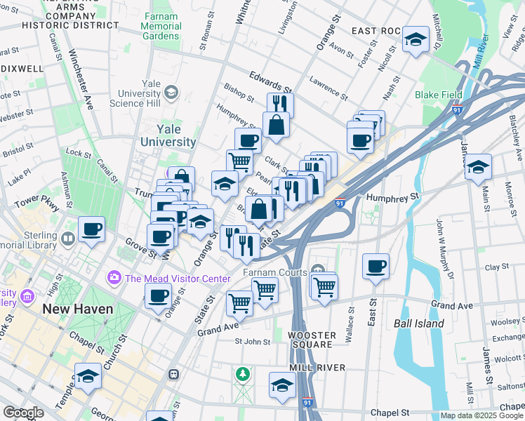 map of restaurants, bars, coffee shops, grocery stores, and more near 20 Eld Street in New Haven