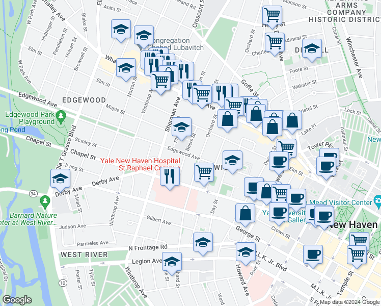 map of restaurants, bars, coffee shops, grocery stores, and more near 235 Edgewood Avenue in New Haven