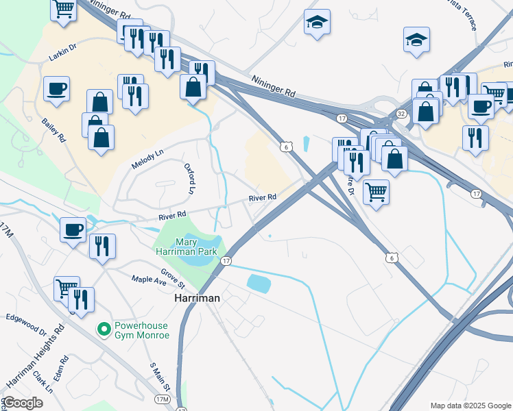 map of restaurants, bars, coffee shops, grocery stores, and more near 118 River Road in Harriman
