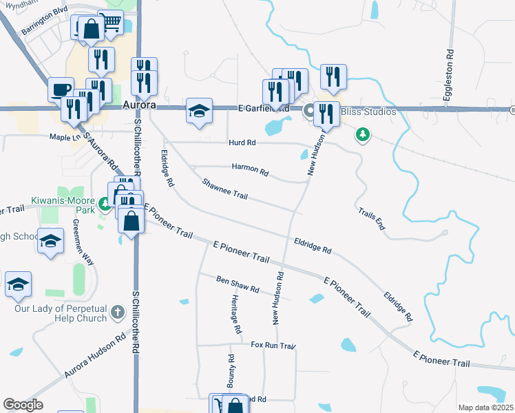 map of restaurants, bars, coffee shops, grocery stores, and more near 215 Shawnee Trail in Aurora