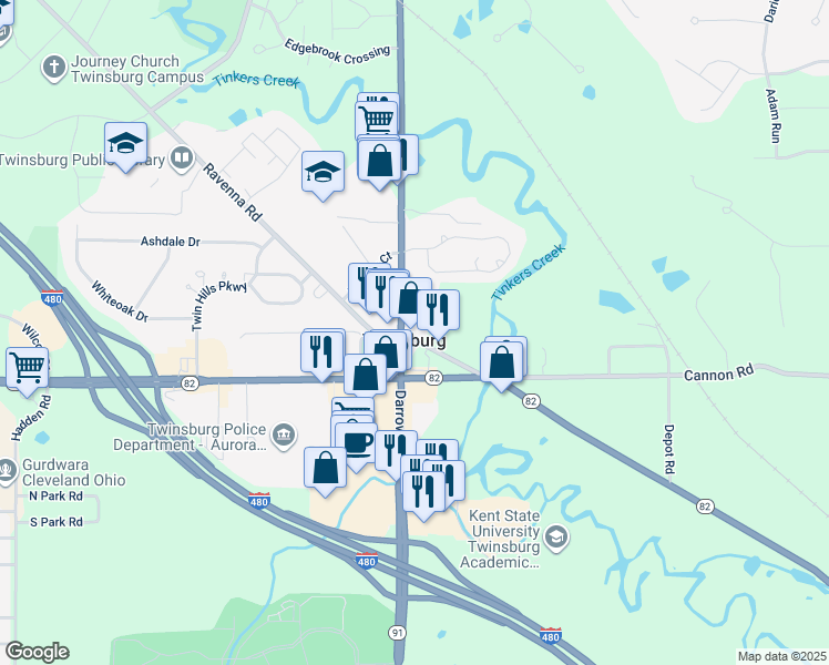 map of restaurants, bars, coffee shops, grocery stores, and more near in Twinsburg