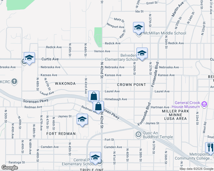 map of restaurants, bars, coffee shops, grocery stores, and more near 4025 Crown Point Avenue in Omaha