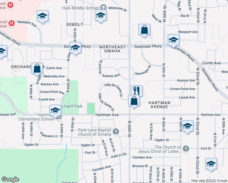map of restaurants, bars, coffee shops, grocery stores, and more near 6042 Ville De Sante Dr in Omaha