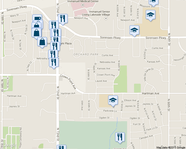 map of restaurants, bars, coffee shops, grocery stores, and more near 6005 North 69th Street in Omaha