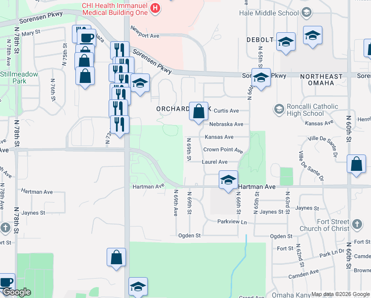 map of restaurants, bars, coffee shops, grocery stores, and more near 6006 North 69th Street in Omaha