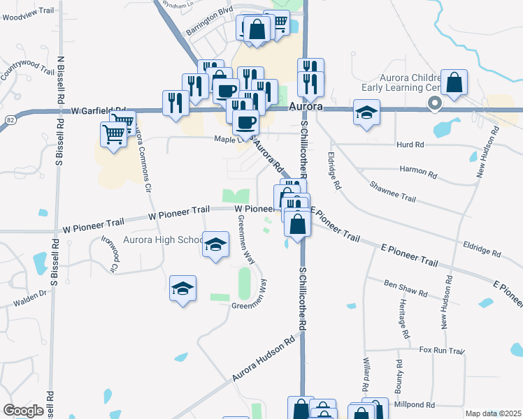 map of restaurants, bars, coffee shops, grocery stores, and more near 109 West Pioneer Trail in Aurora