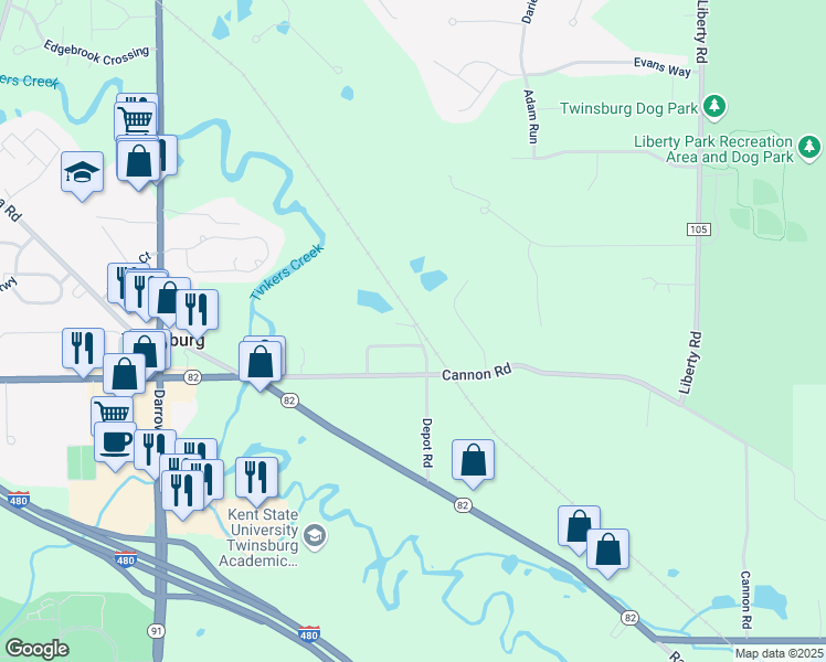 map of restaurants, bars, coffee shops, grocery stores, and more near 9152 Depot Road in Twinsburg