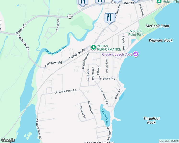 map of restaurants, bars, coffee shops, grocery stores, and more near 16 Grove Avenue in East Lyme