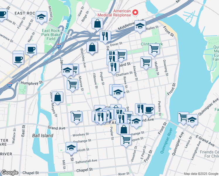 map of restaurants, bars, coffee shops, grocery stores, and more near 480 Ferry Street in New Haven