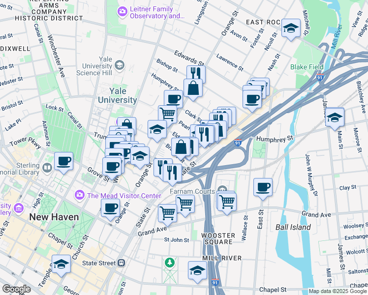 map of restaurants, bars, coffee shops, grocery stores, and more near 20 Eld Street in New Haven