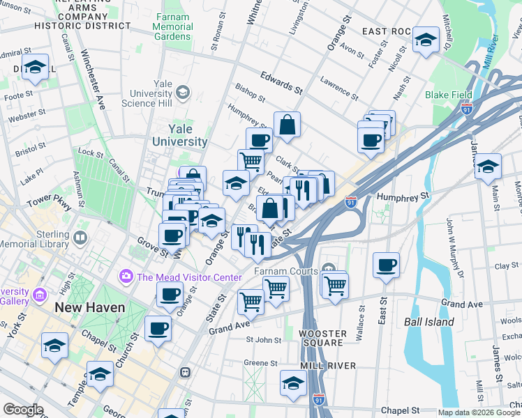 map of restaurants, bars, coffee shops, grocery stores, and more near 175 Bradley Street in New Haven
