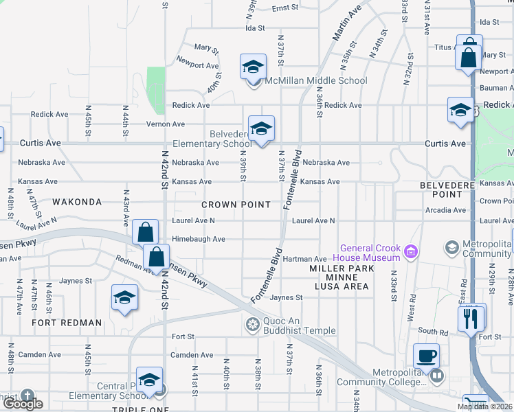 map of restaurants, bars, coffee shops, grocery stores, and more near 3733 Crown Point Avenue in Omaha