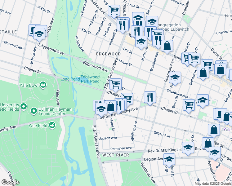 map of restaurants, bars, coffee shops, grocery stores, and more near 1613 Chapel Street in New Haven
