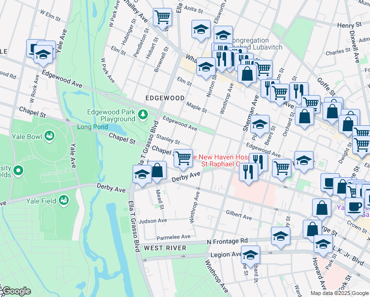 map of restaurants, bars, coffee shops, grocery stores, and more near 79 Norton Street in New Haven