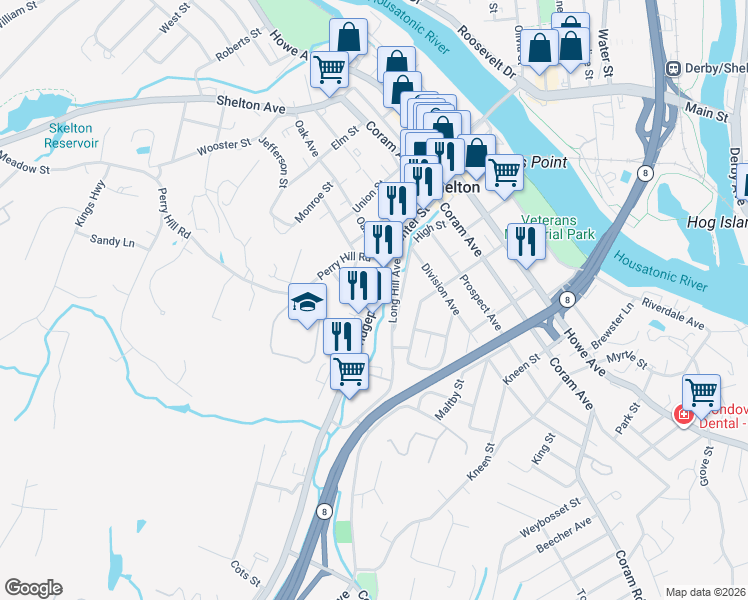 map of restaurants, bars, coffee shops, grocery stores, and more near 41 Bridgeport Avenue in Shelton