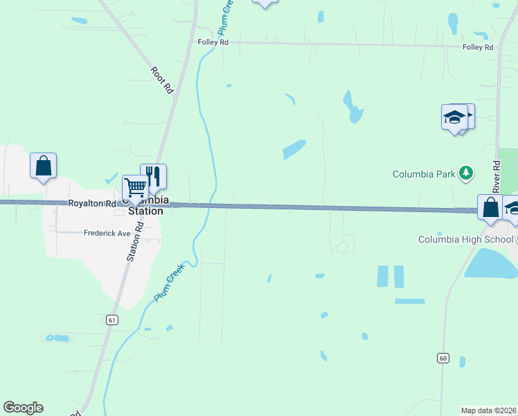 map of restaurants, bars, coffee shops, grocery stores, and more near 26290 Royalton Road in Columbia Station