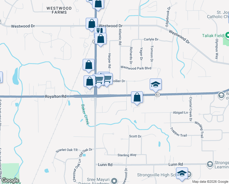 map of restaurants, bars, coffee shops, grocery stores, and more near 20752 Royalton Road in Strongsville