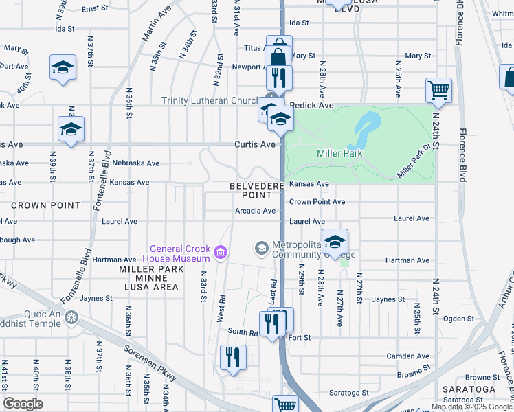 map of restaurants, bars, coffee shops, grocery stores, and more near 3042 Arcadia Avenue in Omaha