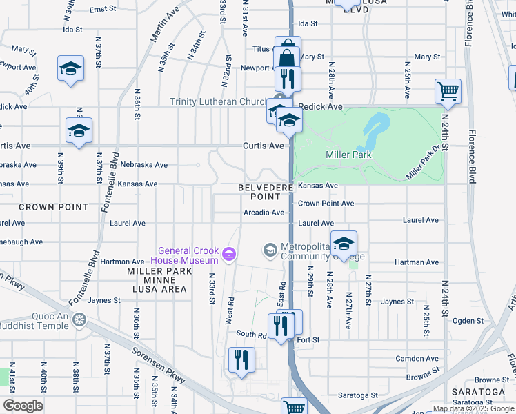 map of restaurants, bars, coffee shops, grocery stores, and more near 3042 Arcadia Avenue in Omaha