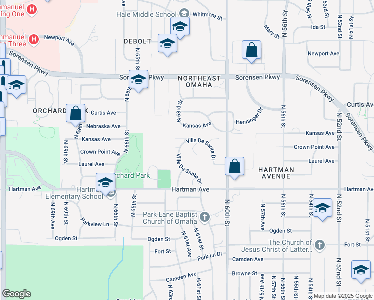map of restaurants, bars, coffee shops, grocery stores, and more near 6042 Ville De Sante Drive in Omaha