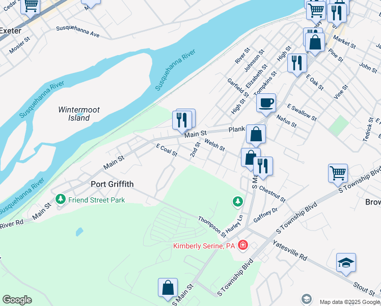 map of restaurants, bars, coffee shops, grocery stores, and more near 7 Spring Street in Pittston