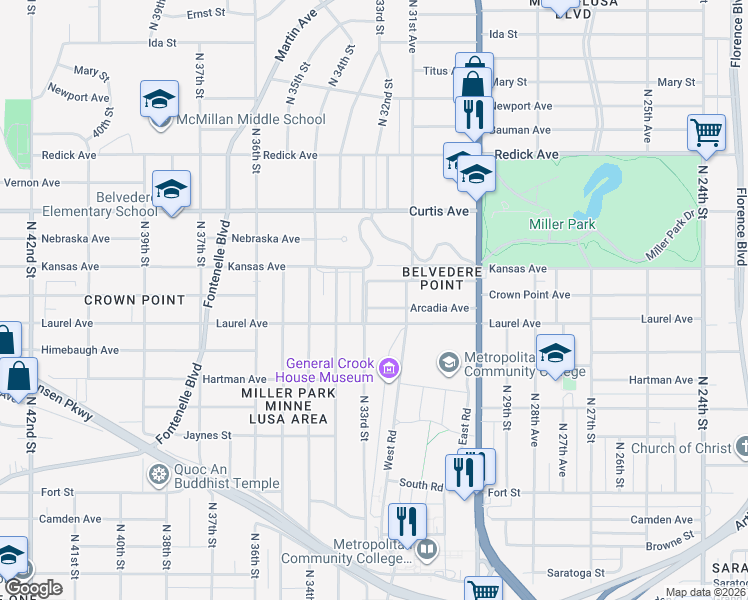 map of restaurants, bars, coffee shops, grocery stores, and more near 3180 Arcadia Ave in Omaha