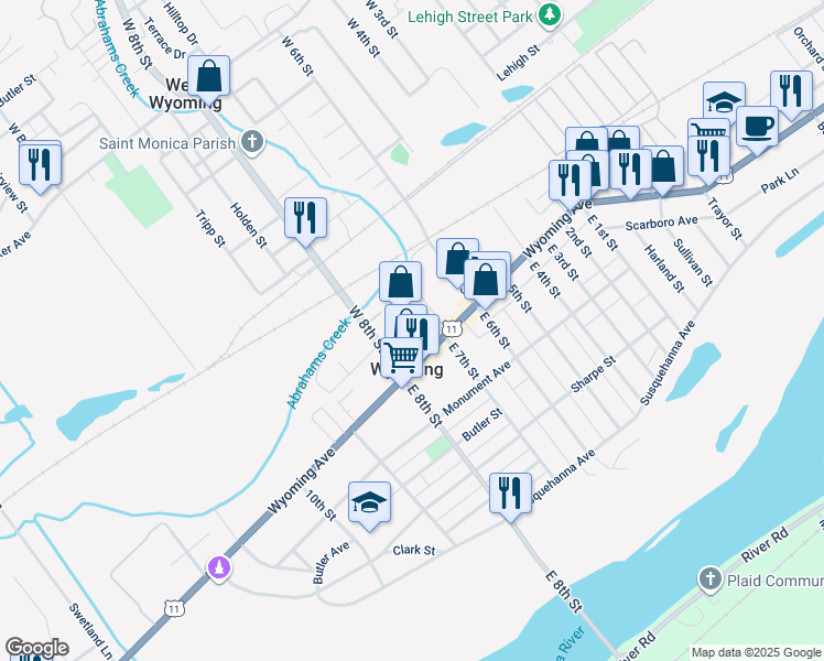 map of restaurants, bars, coffee shops, grocery stores, and more near 30 Breese Street in Wyoming
