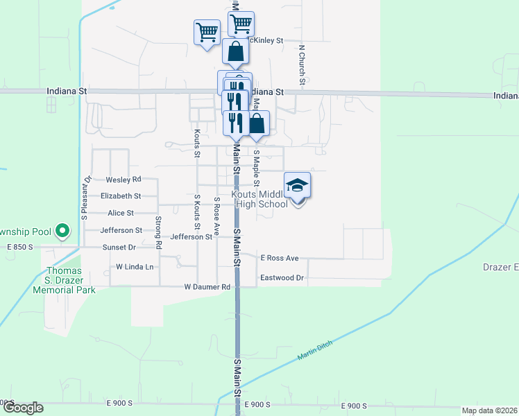 map of restaurants, bars, coffee shops, grocery stores, and more near 200 East Alice Street in Kouts