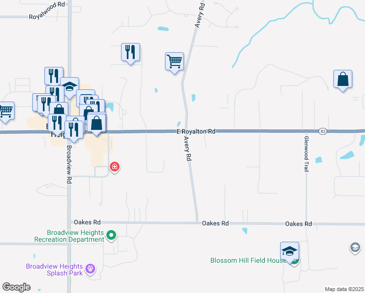map of restaurants, bars, coffee shops, grocery stores, and more near 9280 Avery Road in Broadview Heights