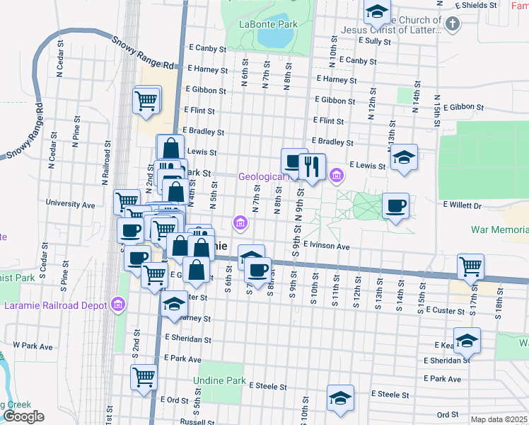 map of restaurants, bars, coffee shops, grocery stores, and more near 155 North 7th Street in Laramie